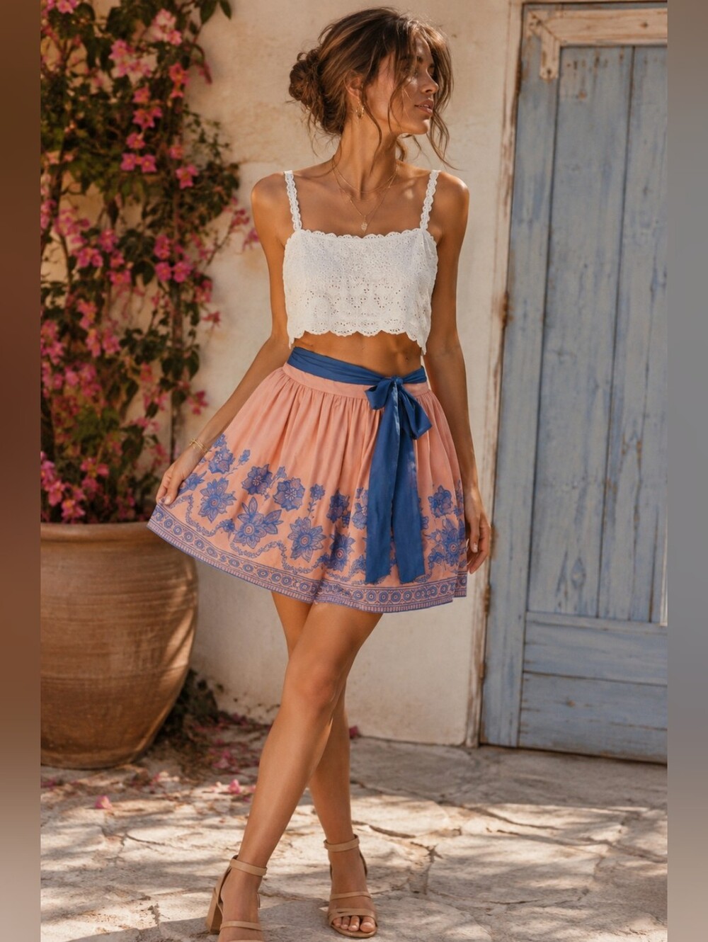Flying Tomato Peach Blie Embroidered Skirt